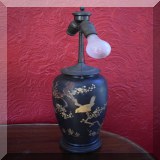 D16. Black handpainted asian lamp with bird and flowers. No shade. 23”h - $45 